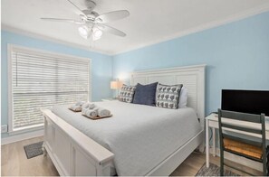 1 bedroom, desk, iron/ironing board, travel cot