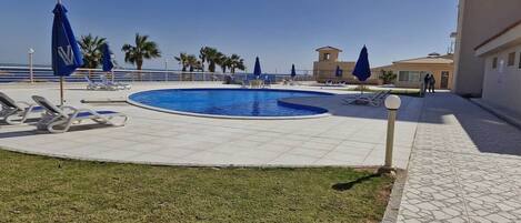 A swimming pool with lounge chairs and umbrellas, surrounded by a tiled deck and palm trees.