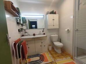Dusche, Haartrockner, Handtücher, Seife