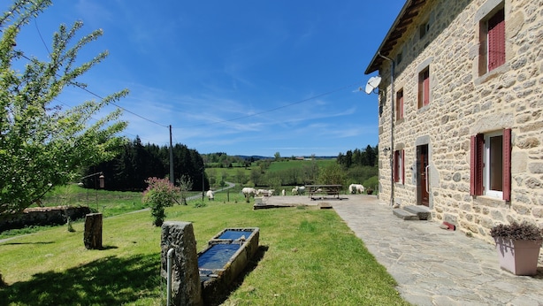 Un bâtiment en pierre avec un chemin de pierre menant à une zone herbeuse agrémentée d’un élément aquatique.