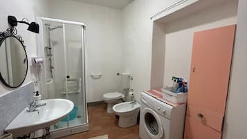 Shower, hair dryer, bidet, towels