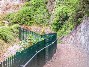 Un sendero de tierra que lleva a una escalera metálica verde con barandales.