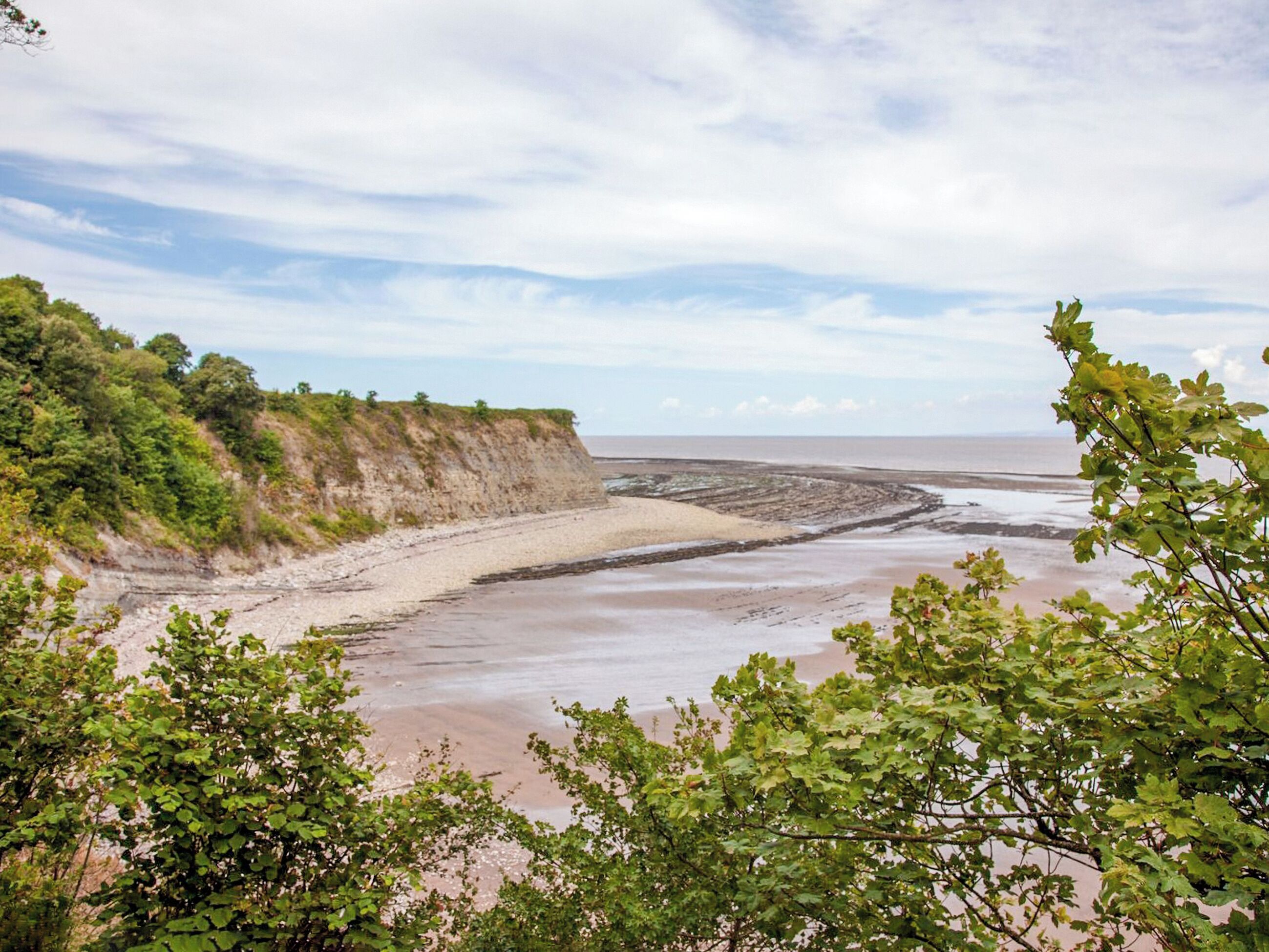 Un paysage côtier avec une plage de sable, des falaises et de la végétation.