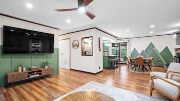 Smart TV, foosball, books, music library