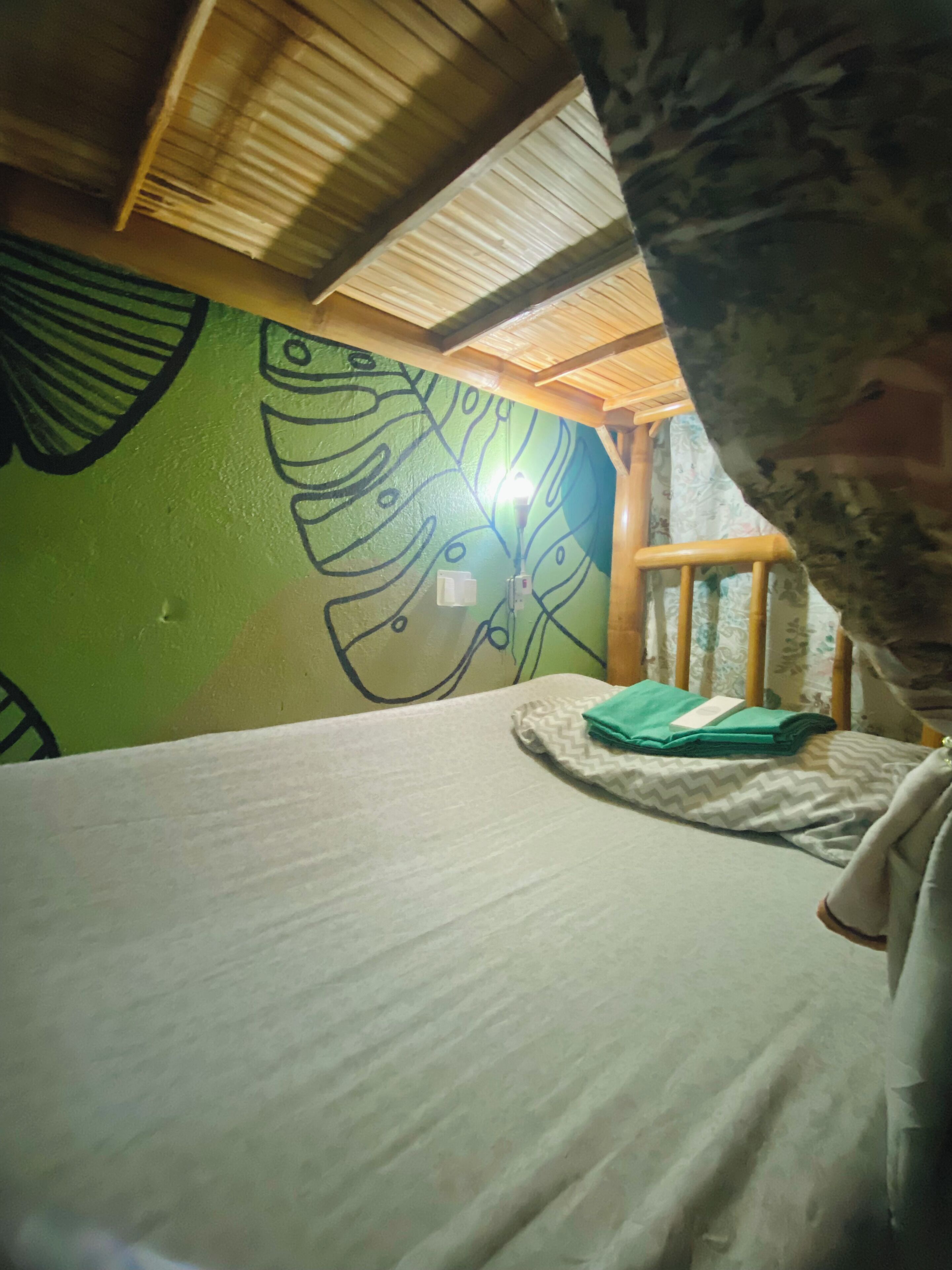 A room with a bed, a green wall with a leaf pattern, a wooden ceiling, and a window with curtains.