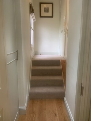 A staircase with carpeted steps leading to a landing. - Kensington Lodge - mins from Natural History Museum, on award-winning Gdn Sq  (London)