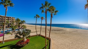 A beach resort with a pool area, palm trees, and a view of the ocean. - Newly Remodeled, Great Views, Beachfront!  (San José del Cabo)