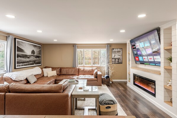 Smart TV, fireplace, stereo, computer monitors