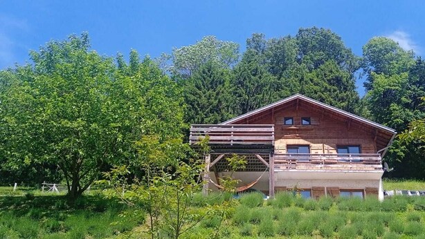 Una baita di legno con un balcone, immersa nel verde e circondata da alberi.