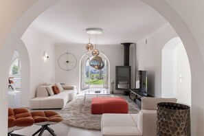 Smart TV, chimenea y libros 