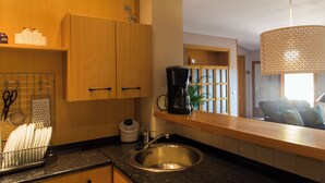 A kitchen with wooden cabinets, a stainless steel sink, a coffee maker, and a hanging light fixture. - La Terrasseta. Ático con terraza. (Graus)