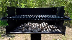 A charcoal grill outdoors with a forest background. - Brightstone Lake Cabin 4 (Rensselaer)