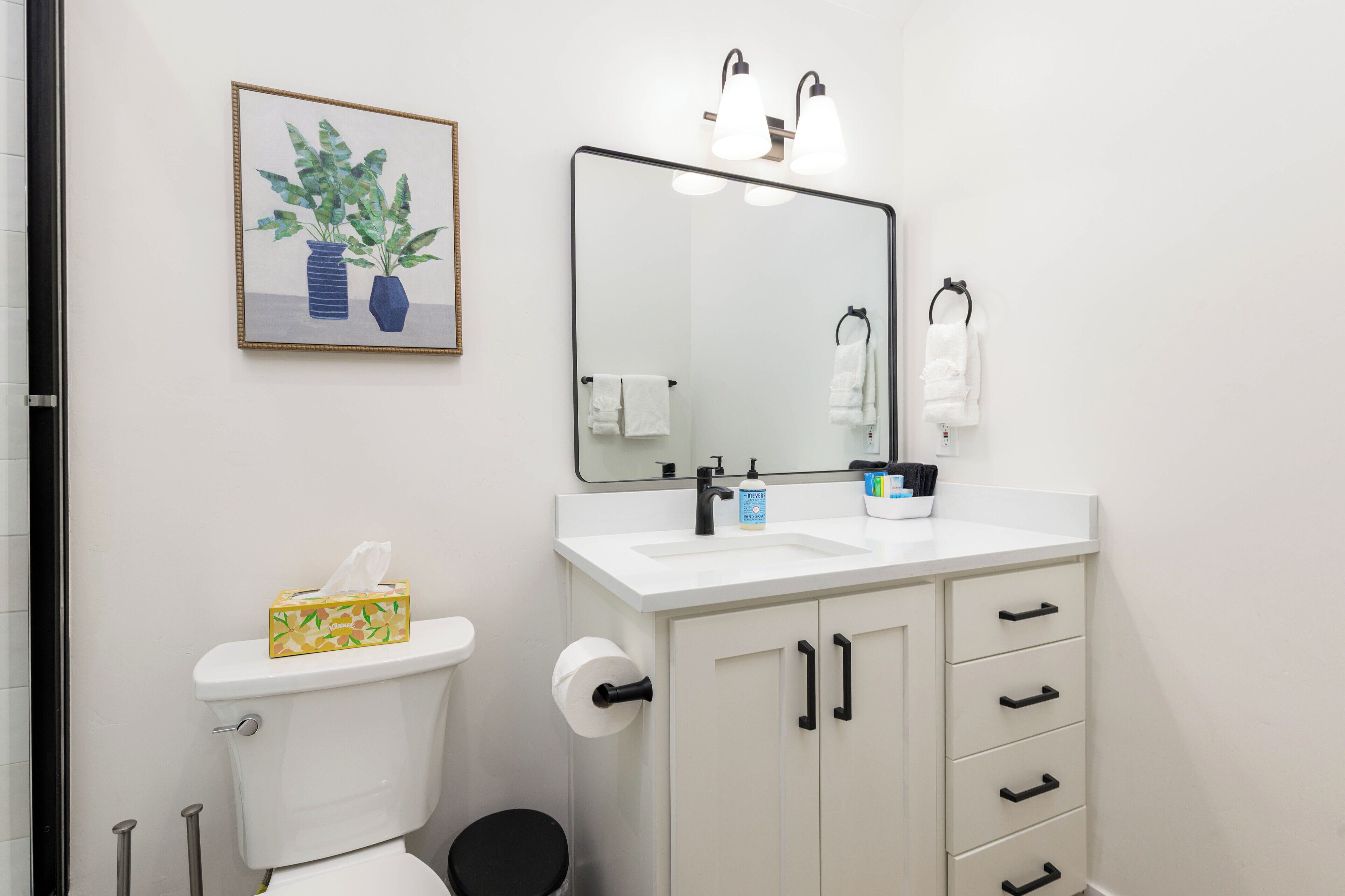 A modern bathroom with a toilet, sink, and cabinet. There is a framed picture of plants on the wall.