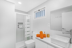 Shower, hair dryer, towels