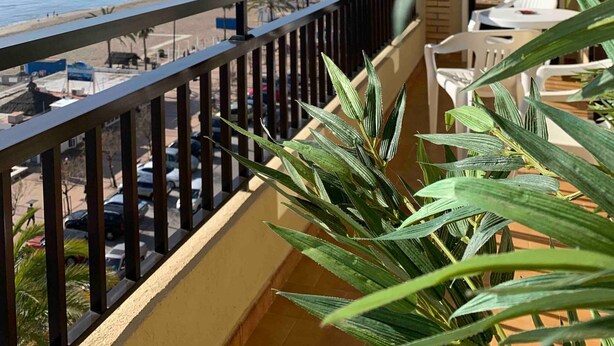 A balcony with a view of the beach and ocean, a railing, and some potted plants. - Apartment 'Apartamento Frontal Primera Linea' with Sea View, Wi-Fi and Air Conditioning (Fuengirola)