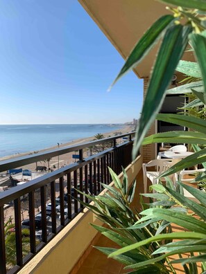 A balcony with a view of the beach and ocean, a railing, and some potted plants. - Apartment 'Apartamento Frontal Primera Linea' with Sea View, Wi-Fi and Air Conditioning (Fuengirola)