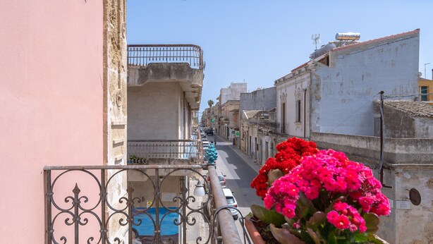 Un vicolo stretto fiancheggiato da edifici, una ringhiera metallica e una pianta in vaso con fiori rosa.