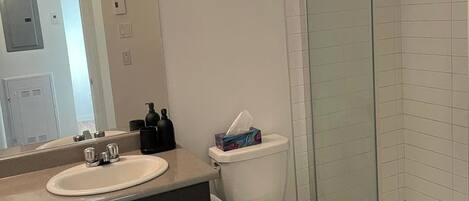A bathroom with a glass-enclosed shower, a toilet, and a sink with a mirror above it.