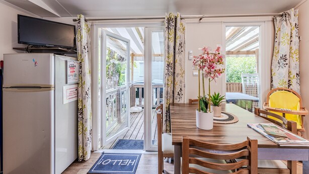 A room with a wooden dining table, chairs, a television on a stand, a refrigerator, and a view of the outside through a glass door.
