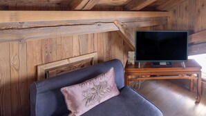 Techo de madera, un televisor sobre un mueble de madera y un sofá con un cojín decorativo.