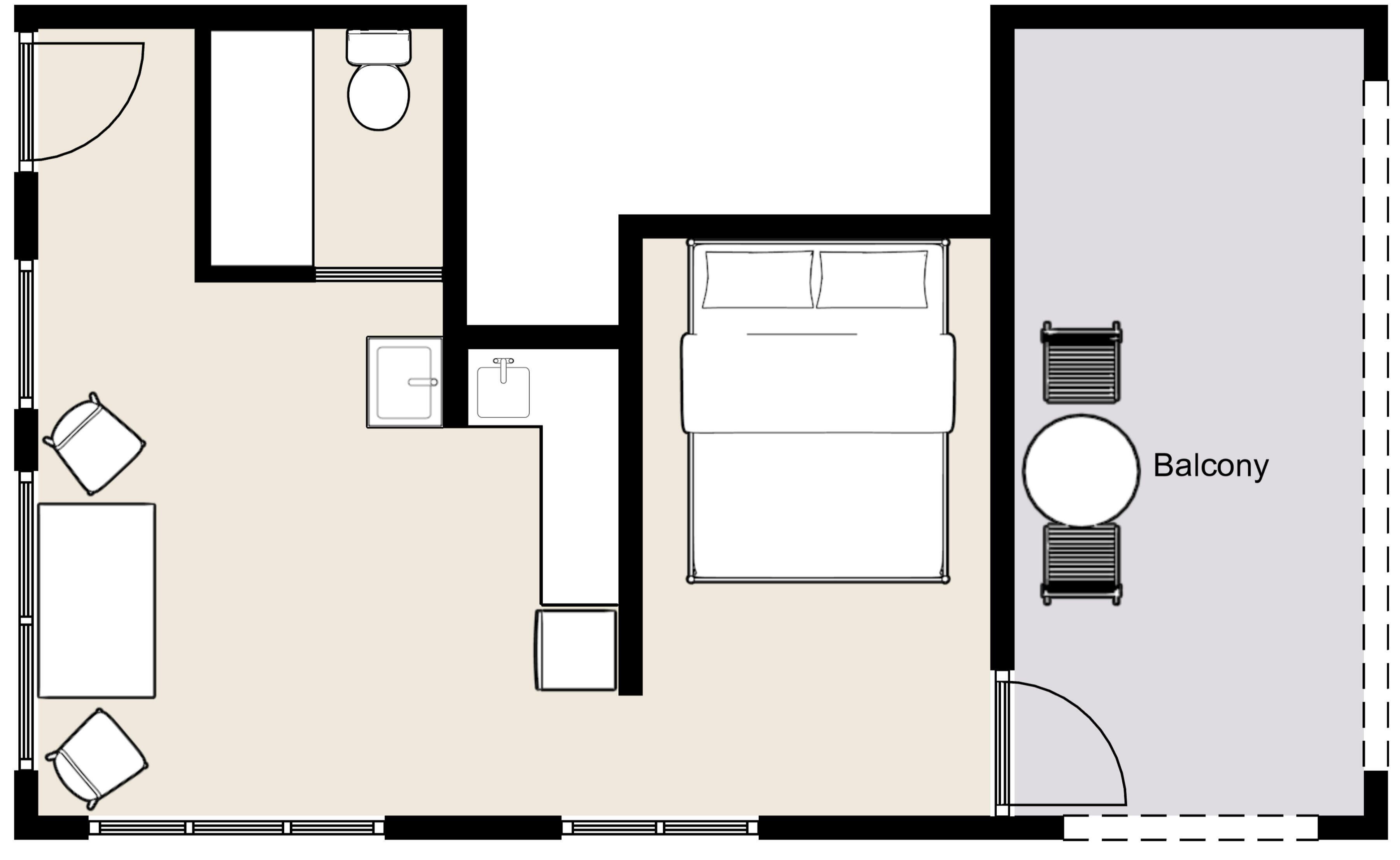 A hotel room layout with a bed, a small bathroom, a kitchenette, and a balcony.