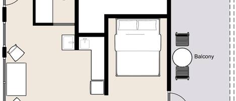A hotel room layout with a bed, a small bathroom, a kitchenette, and a balcony.