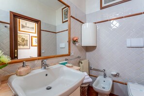 Chuveiro, secador de cabelo, bidê, toalhas de banho