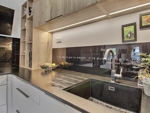 Eine moderne Küche mit schwarzem Arbeitsplatz, Spüle aus Edelstahl und einem Topf mit Pflanze.