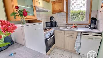 Een koelkast, een microgolfoven, een oven, een kookplaat