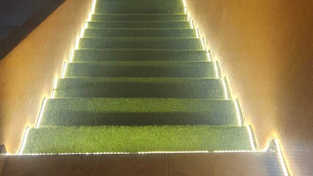 A staircase with green carpet and illuminated edges, leading to a higher floor. - Andy guest house  (Giza)
