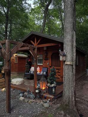 A rustic cabin with a porch, a small Christmas tree, and a lantern. - Come and enjoy cabin in wodzzz.  (Webster)