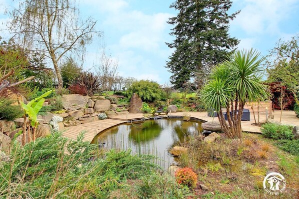 A garden with a pond, wooden deck, and various plants.