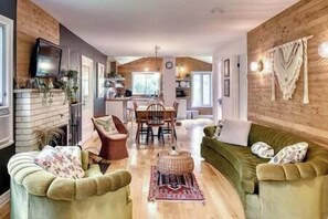 Télévision, cheminée, chaîne hi-fi