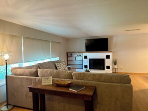 智能电视、壁炉、书、电脑显示器