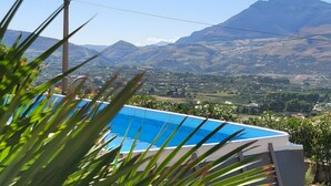 Une piscine avec vue sur les montagnes, entourée de verdure.