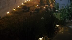 Un espace extérieur aménagé pour la nuit, avec un mur blanc, des éclairages décoratifs et des plantes.