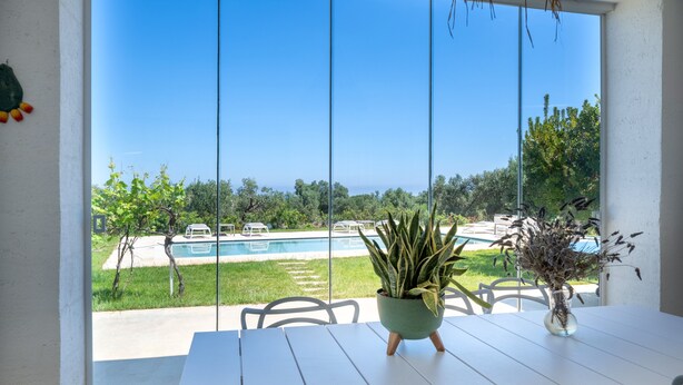 A room with a large window, a white table, and a potted plant.
