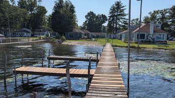 A wooden dock extending into a calm body of water with lily pads, surrounded by residential houses and trees.