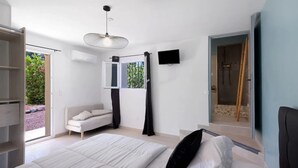 Une chambre moderne comprenant un lit, un canapé, une télévision et un espace douche.