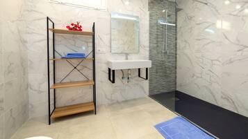 Shower, hair dryer, towels