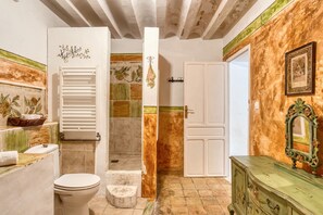 A bathroom with a toilet, shower, and a vanity with a mirror.