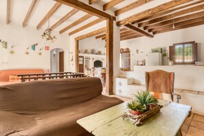 Ein rustikales Interieur mit freiliegenden Holzbalken, einem braunen Sofa, einem Tisch mit Pflanzen und Blick auf einen Küchenbereich.