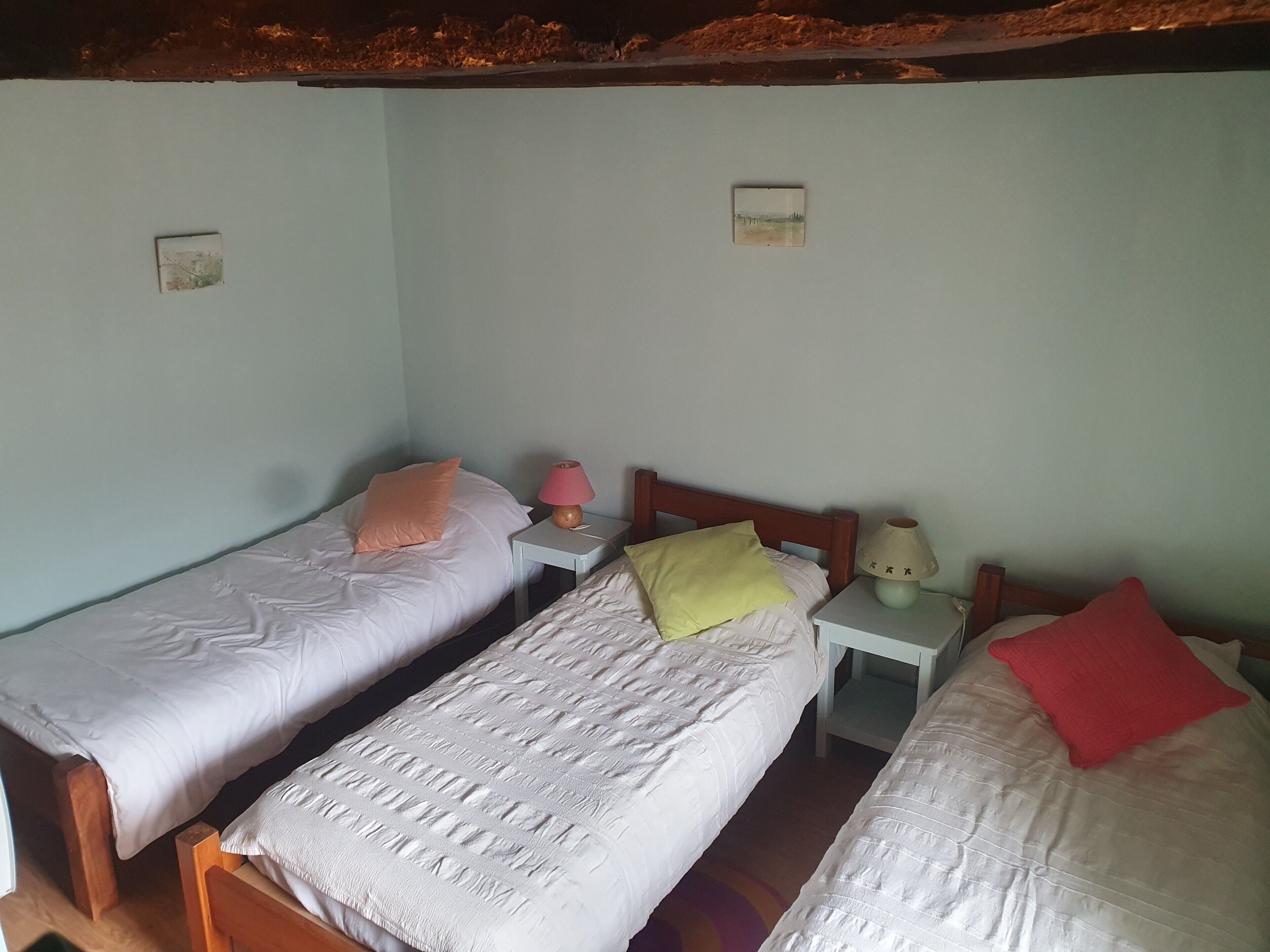 A room with two single beds, each with a nightstand and a lamp.
