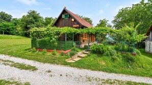 A wooden house with a red roof, surrounded by greenery and a gravel path. - 2 bedroom cozy home in Konjscina (Konjscina)