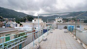 A rooftop terrace with a metal railing, a view of the cityscape, and a mountain in the background.
