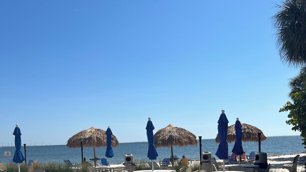 Un patio frente a la playa con sombrillas de paja, asientos exteriores y vistas al mar.