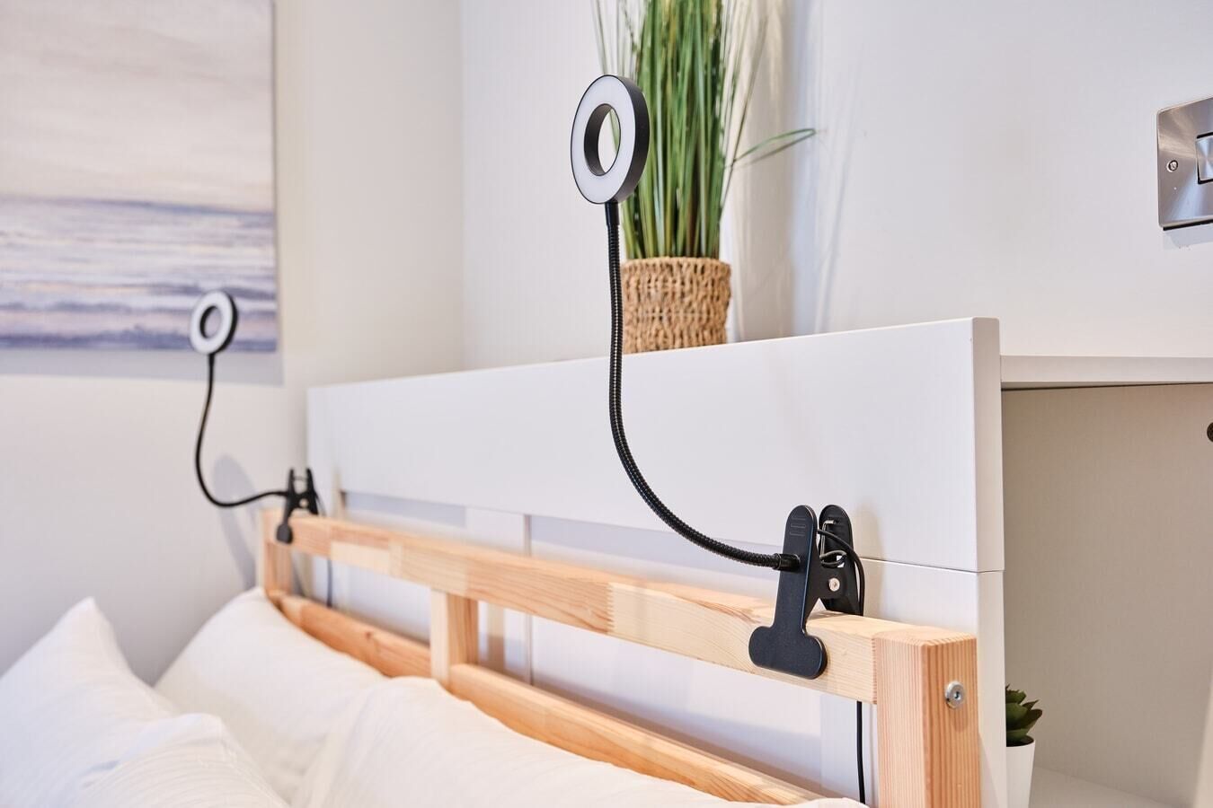 A bed with a wooden headboard, a bedside table, a wall-mounted clock, and a small plant.