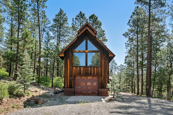 A wooden cabin with a large garage door, surrounded by tall pine trees.