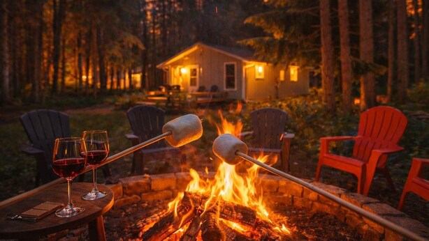 A cozy outdoor seating area with a fire pit, two glasses of red wine, and two marshmallows roasting over the flames. - Four-Season Retreat at Shanty Creek Resort (Bellaire)
