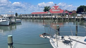 A marina with boats docked, a building with a red roof, and calm water. - Floating 2 bed 2 bath condo stunning views of the bay  (Stevensville)